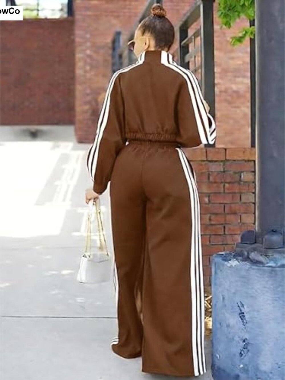 Women 2 Piece Sweatsuit Striped Crop Zip Jacket Wide Leg Sweatpants Set - Picture 4 of 6